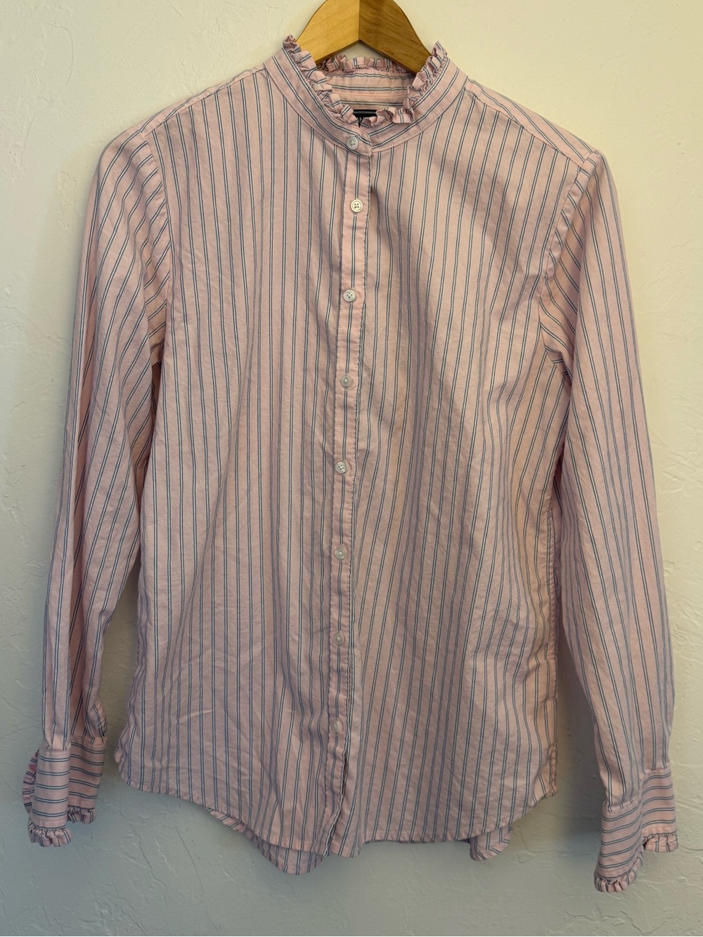 Lands’ End Ruffle Collar Pink Striped Women's Shirt